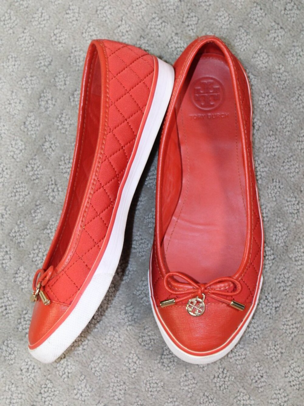 Tory Burch Sz 8 Cap-Toe Ballet Flat Patent Leather/Quilt Leather Coral Crush